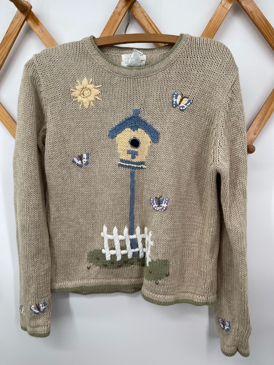 Christopher & Banks Sweaters - Christopher & Banks Knit Sweater with Blue-Yellow Birdhouse Hand Embroidery